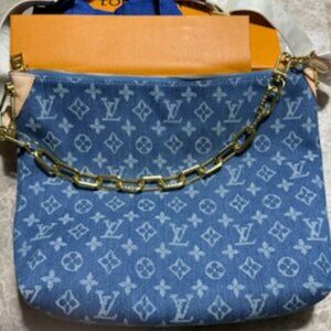 Top Quality Large Denim Fashion Crossbody with Real Leather and Matching Pouch!